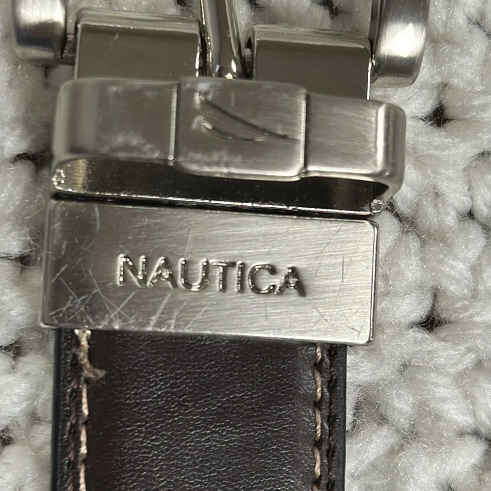 Nautica dark brown faux leather,  metal buckle belt, dress or casual wear.